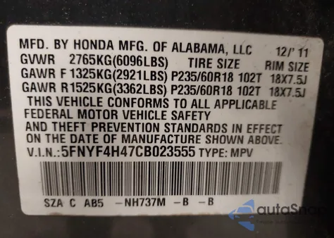 2012 Honda Pilot Ex z USA, uszkodzony, nr VIN 5FNYF4H47CB023555